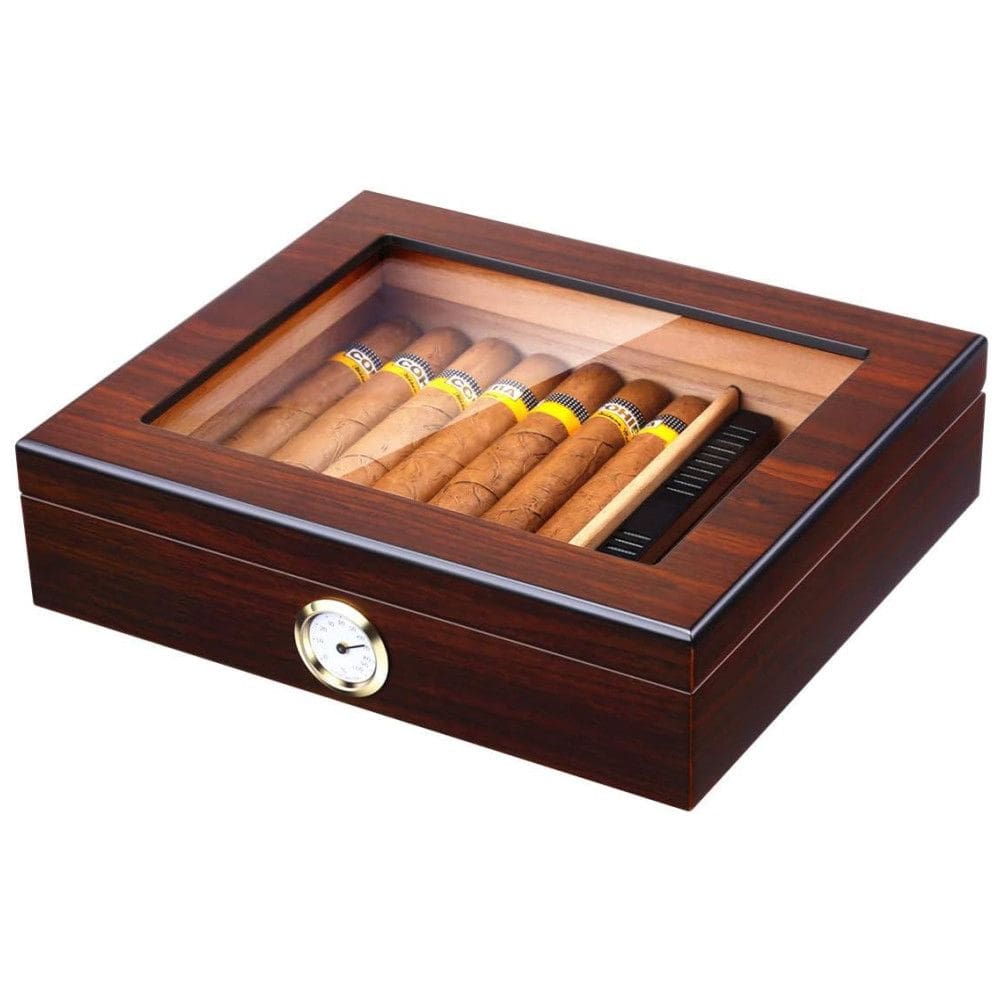 Umidor de Charutos Artesanal Bald Eagle, Caixa de Cedro para Charutos com Humidificador e Higrômetro, Tampa de Vidro para 25 Charutos