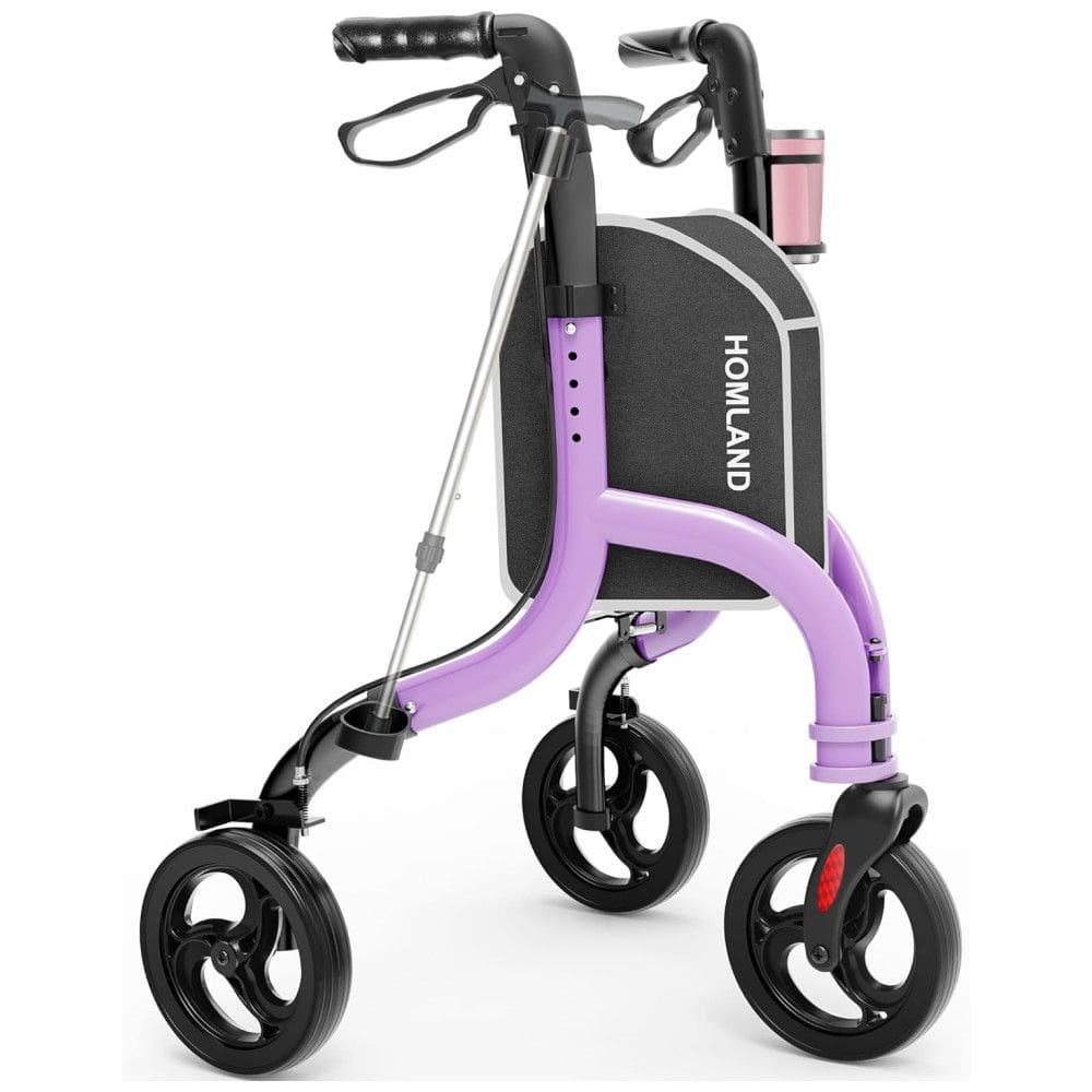 Andador Dobrável para Idosos de 3 Rodas com Suporte para Bengala e Altura Ajustável, HOMLAND, Roxo