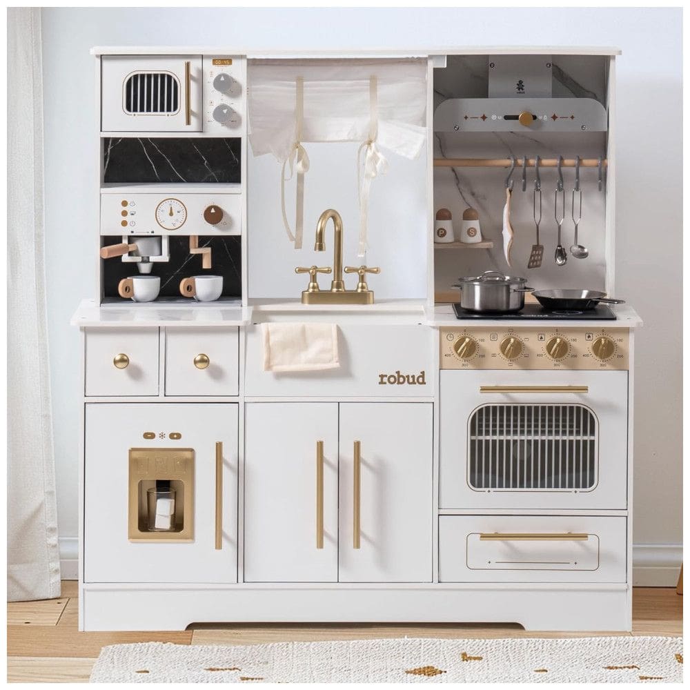 Mini Cozinha Educativa de Madeira ROBUD para Crianças, com Máquina de Gelo, Cafeteira, Forno e Micro-ondas - Conjunto Completo de Utensílios