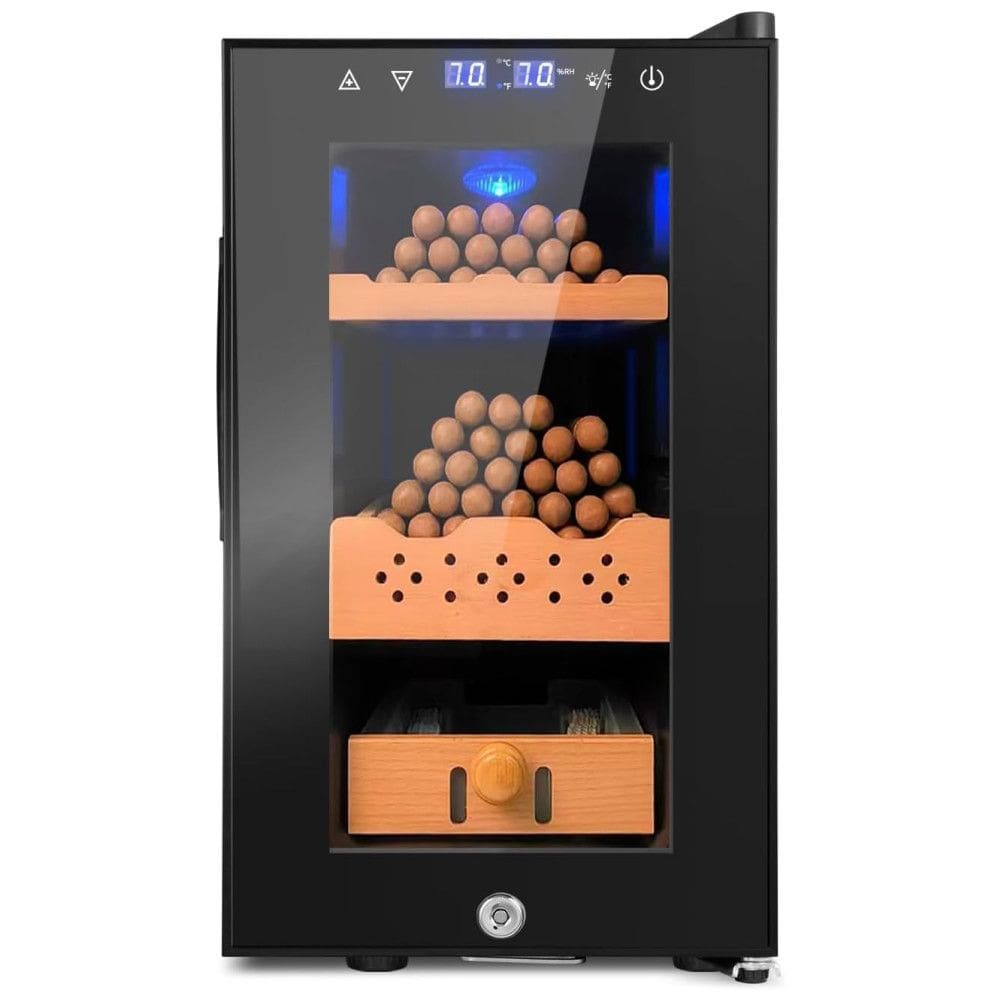 Umidor Elétrico, 25L e capacidade para 200 charutos, controle inteligente de umidade e temperatura, tela LED digital, trava de segurança