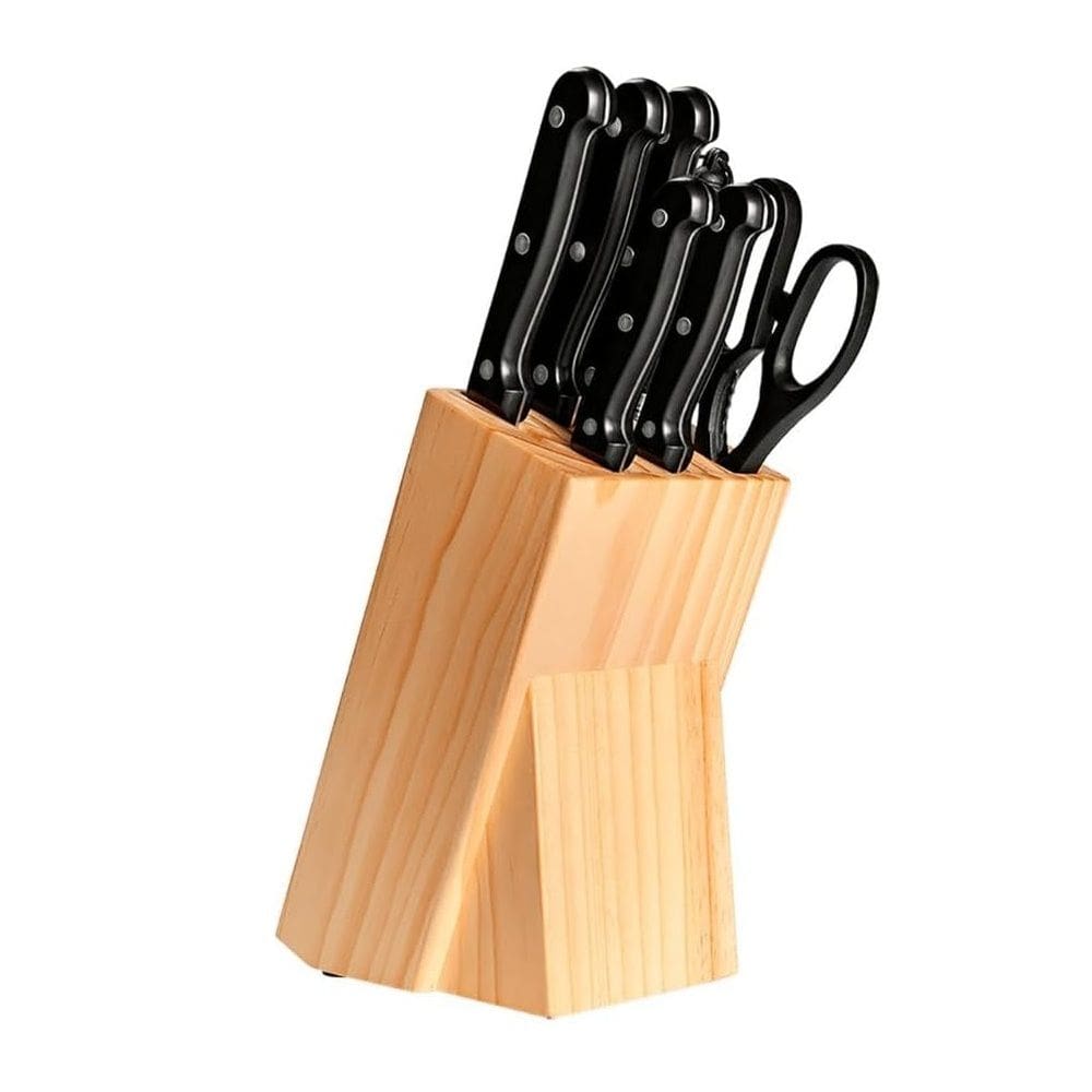 Cj de Facas Aço Inox C/Cabo Plástico Preto e Suporte de Madeira Daily 8 Peças Brinox