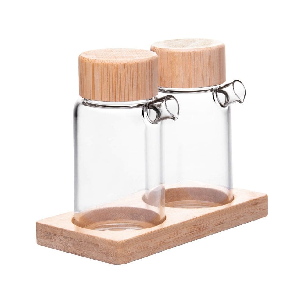 Cj 2 Galheteiros de Vidro 170ml C/Tampa e Suporte de Bambu Wolff