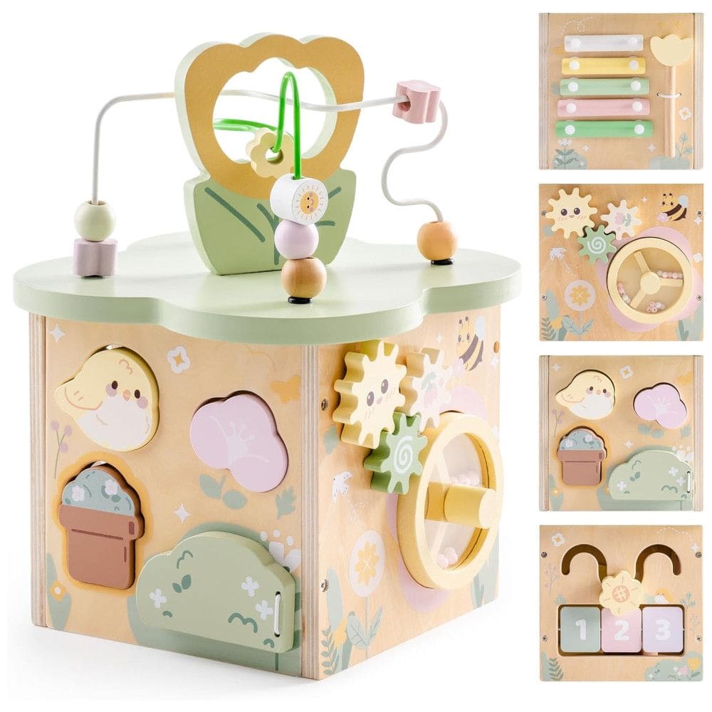 Cubo de Atividades Educativo de Madeira ROBUD, Brinquedo Educativo com 7 Áreas Funcionais, Tema Jardim de Flores, para Meninos e Meninas de