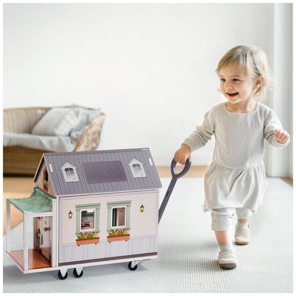 Mini Trailer de Madeira ROBUD com Rodas e Alça, Casa de Bonecas Completa para Crianças a Partir de 3 Anos