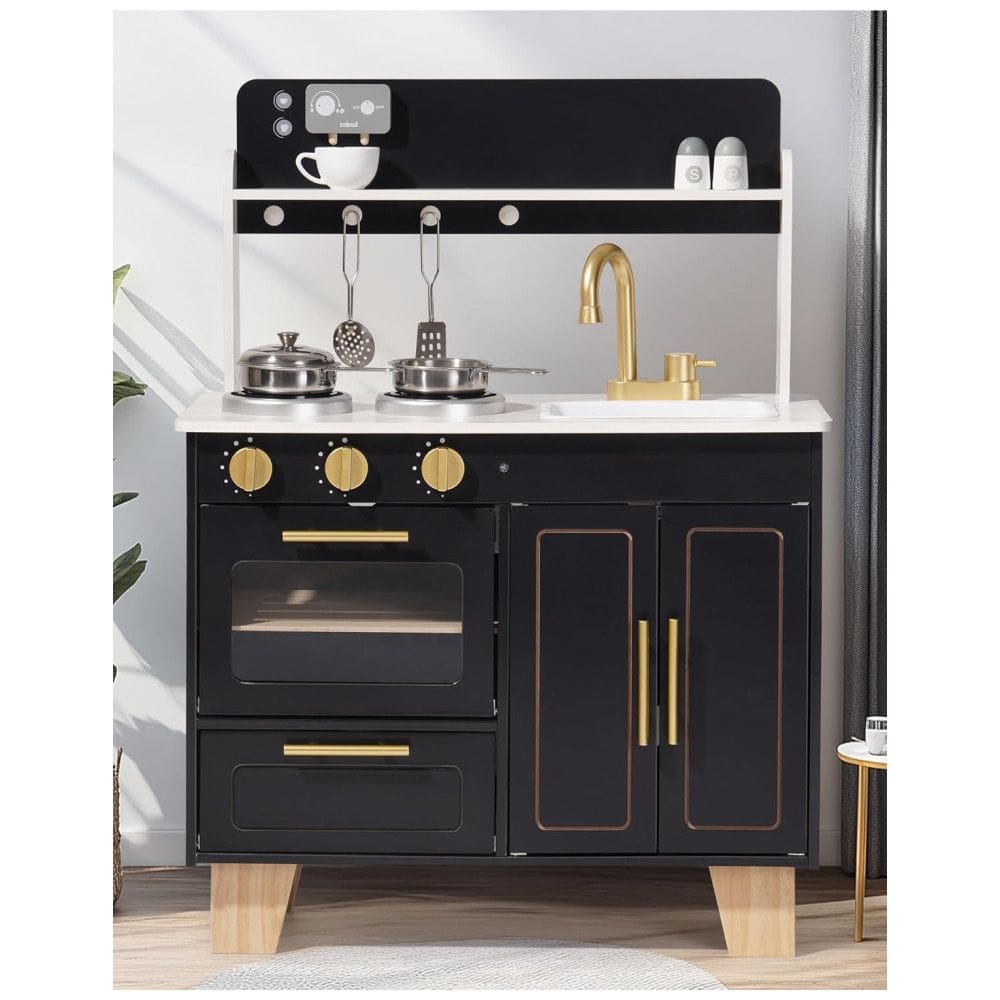 Cozinha Educativa de Brinquedo ROBUD, Conjunto de Cozinha em Madeira com Design Mármore, Fogão e Forno Realistas para Crianças a partir de 3