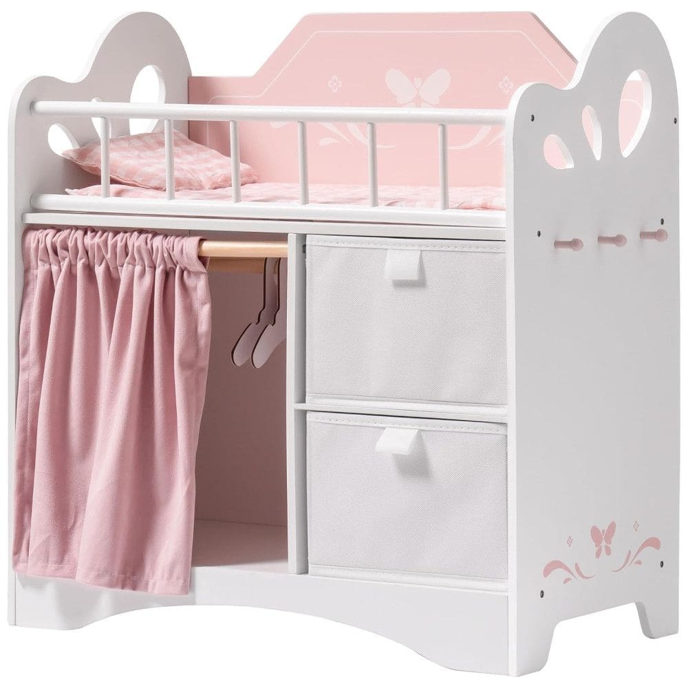 Cama de Boneca ROBUD, Berço de Madeira com Gaveta e Enxoval, Design Encantador em Rosa para Bonecas de até 56cm