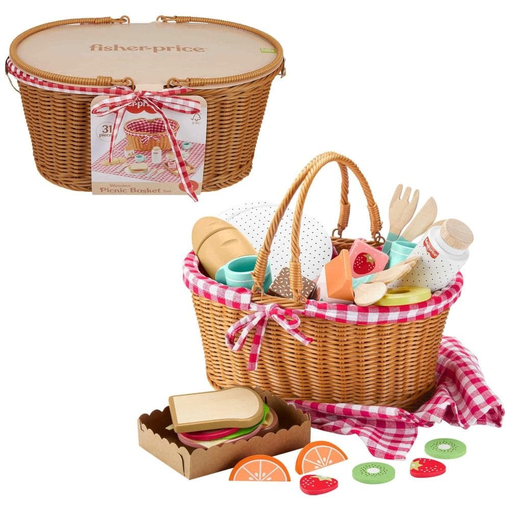 Cesta de Piquenique Fisher-Price 31 Peças de Madeira para Roleplay Pré-Escolar 3+ Anos