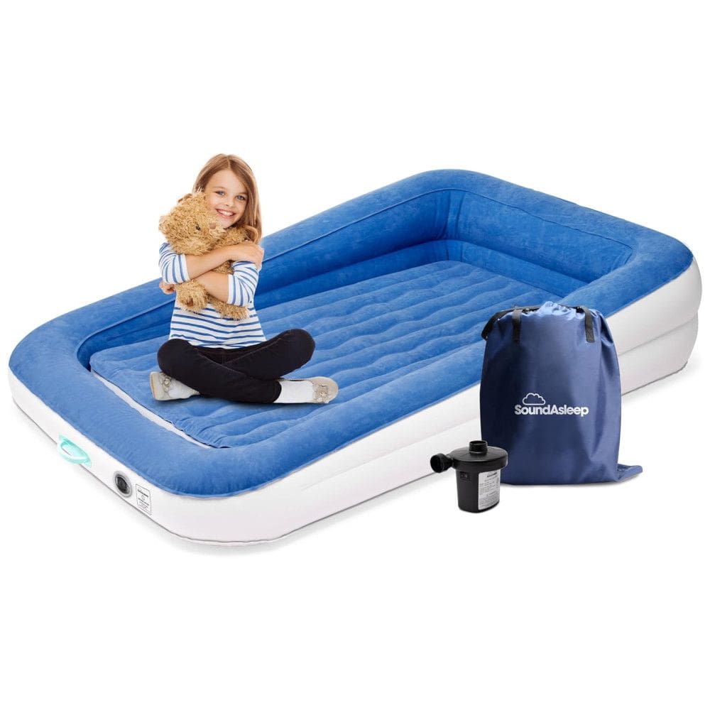 Colchão Inflável SoundAsleep Dream Series Kids com Bomba Externa de Alta Velocidade e Protetores de Segurança Extra Altos Azul para Crianças