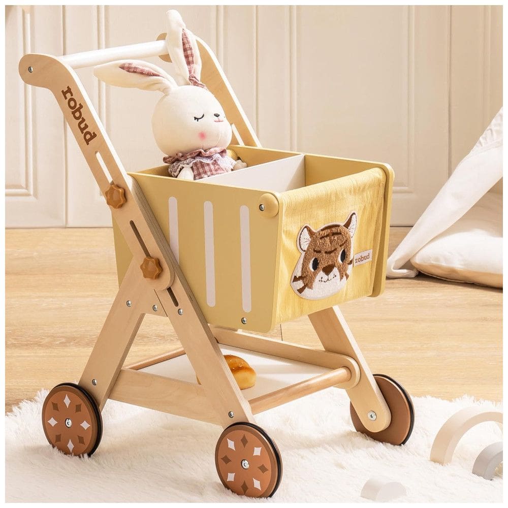 Carrinho de Compras Educativo Floresta Rei ROBUD para Bebê, Andador de Madeira para Crianças, Altura Ajustável, Ideal para Meninas e Meninos