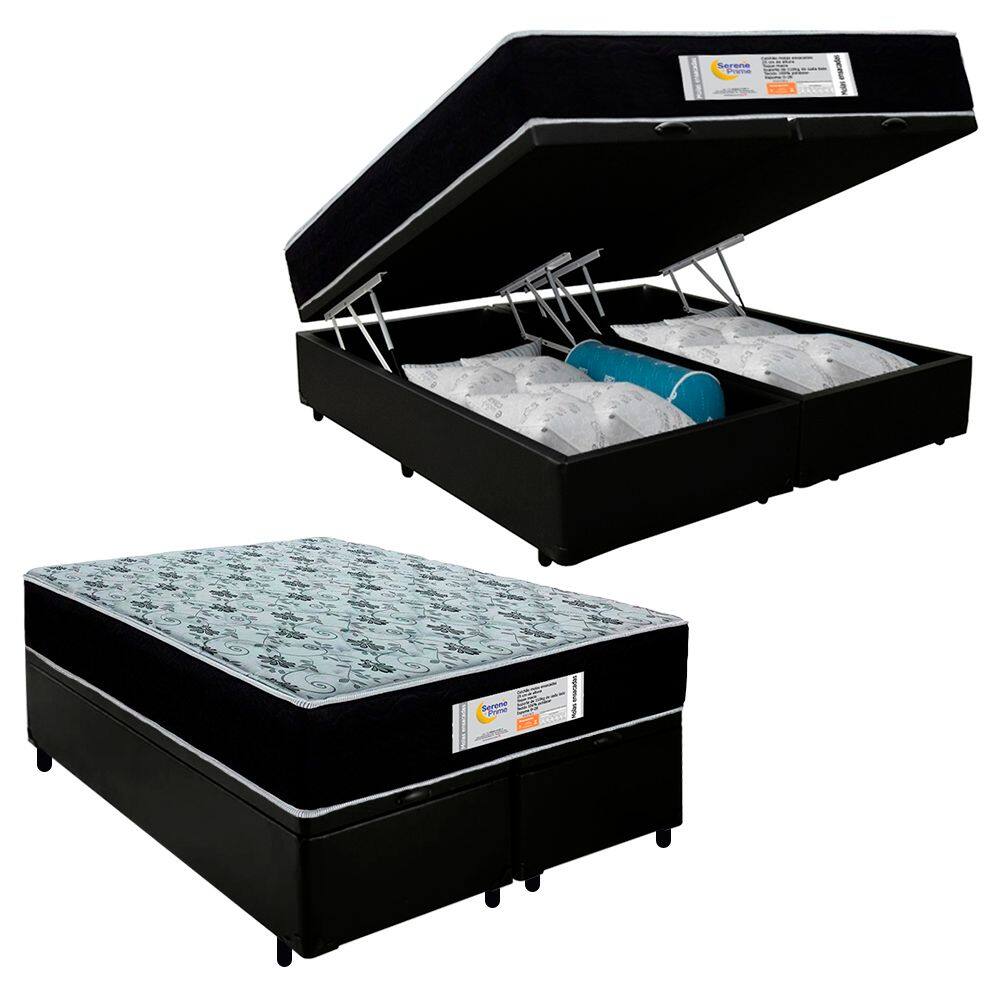 Cama Box Baú Casal Bipartido Sintético + Colchão Molas Ensacadas SerenePrime Sonnolux 138x188x69