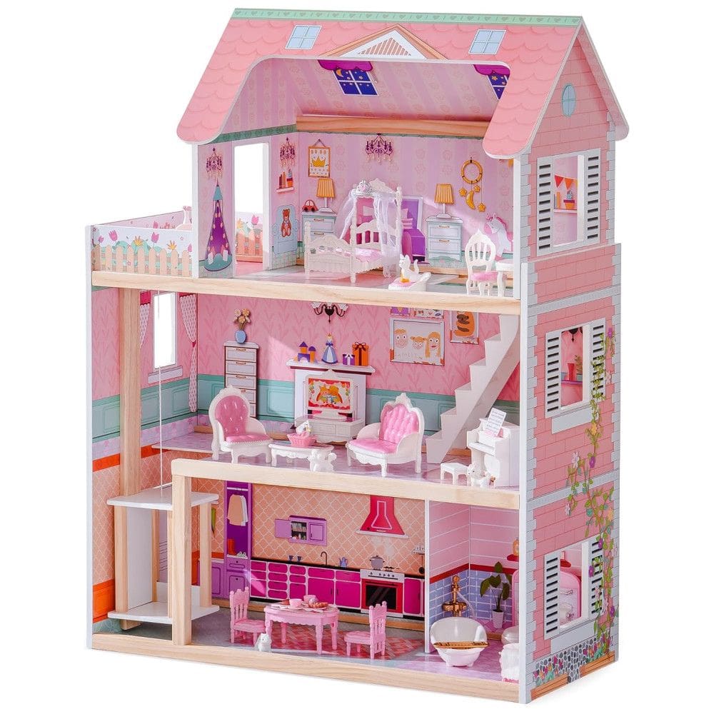 Casa de Bonecas de Madeira ROBUD, Conjunto com 24 Peças de Acessórios Exclusivos, Elevador Funcionando, Presente para Crianças a partir de 3