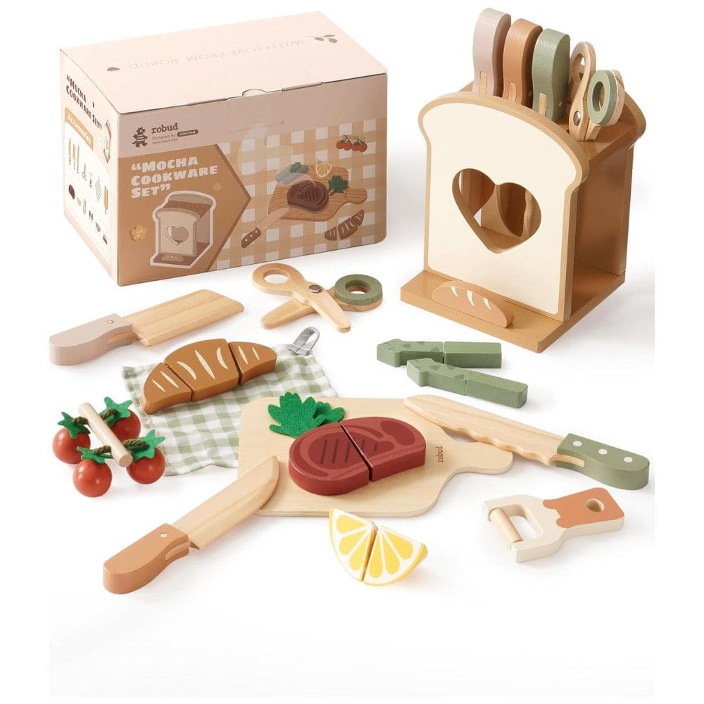 Kit de Facas de Cozinha Infantil ROBUD 16 peças em Madeira, Brinquedo de Cozinha Montessoriano para Crianças, Presente de Role Play