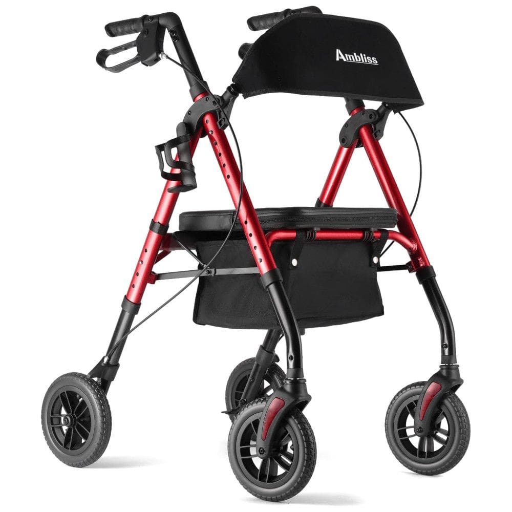 Cadeira de Rodas Rollator Ambliss, 20cm de Rodas, 136kg, Dobrável, Cesta, Encosto Largo, Altura Ajustável, Vermelho