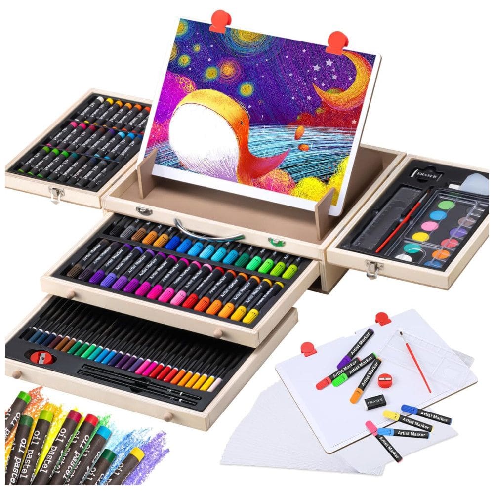 Kit Lápis de Cor Profissional com Maleta de Madeira 108 peças Tintas Acrílicas, Aquarela, VIGORFUN US XJ Art Set 1, Marrom