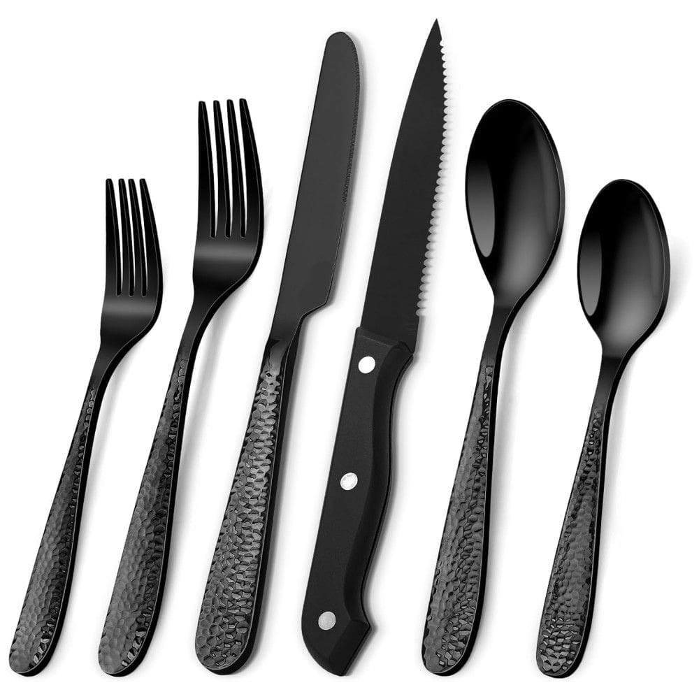 Conjunto de Talheres Pretos de 24 Peças em Aço Inox, com Facas para Churrasco, Ideal para 4 Pessoas, Design Martelado,Aswwid