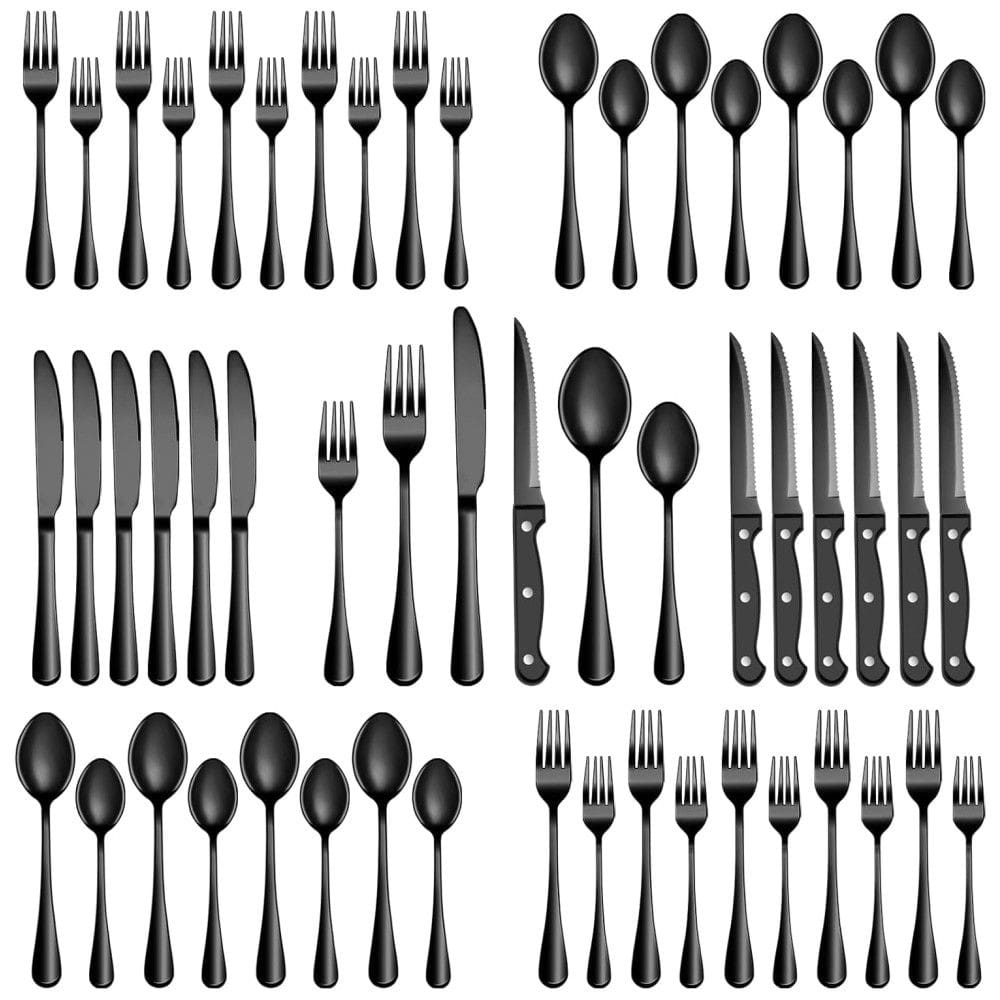 Jogo de Talheres Preto 24 Peças com Facas de Churrasco MUTNITT, Aço Inox para 4 Pessoas, Utensílios de Mesa para Casa e Restaurante
