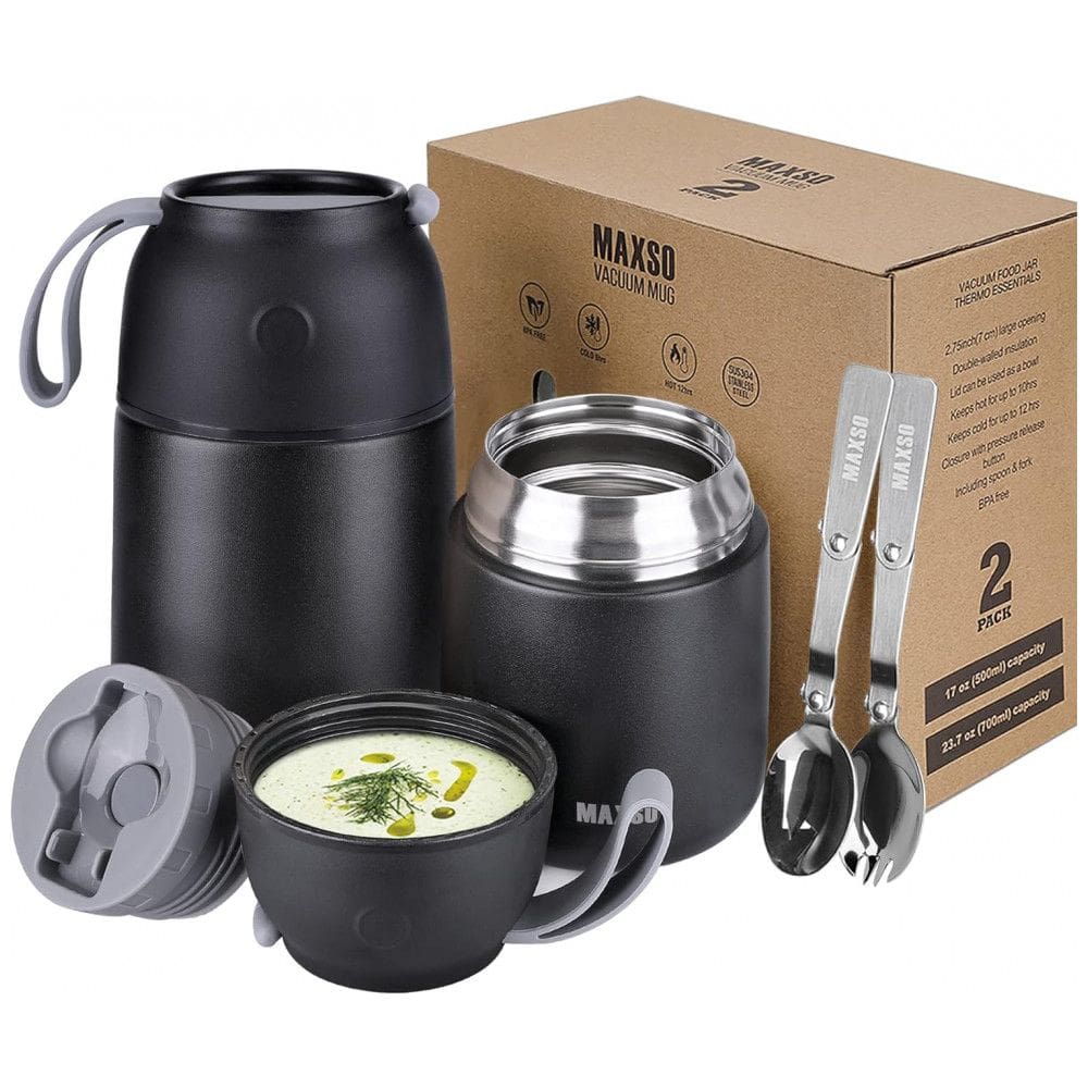 Kit com 2 Frasco Térmico 500mL, 700mL em Aço Inoxidável com Colher, MAXSO, Preto