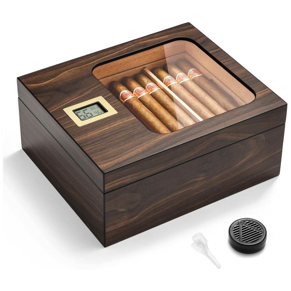 Umidor de Charutos OTAKOKIT, Caixa de Cedro com Design Moderno de Vidro e Higrômetro Digital, Umidificador, Bandeja e Divisor de Cedro