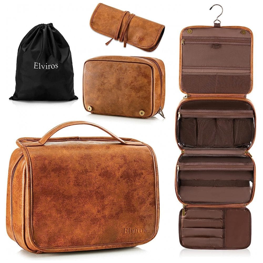 Necessaire Masculina de Couro, 3 em 1, ELVIROS, Marrom