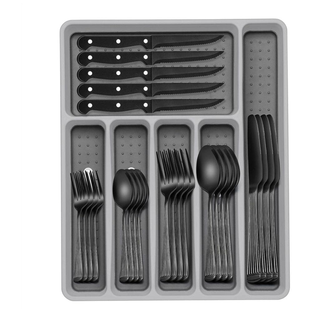Jogo de Talheres Preto 49 Peças com Organizador, em Aço Inox Estilo Coluna Romana, para 8 Pessoas, Facas de Jantar, Resistente à Ferrugem
