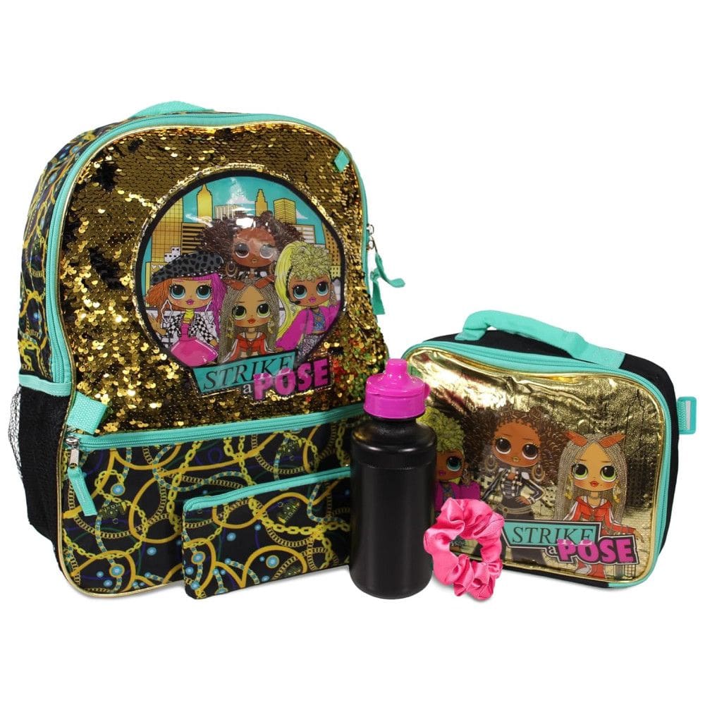 Mochila Escolar Infantil Boneca LOL com Lancheira e 3 Acessórios para Crianças, Preta e Dourada