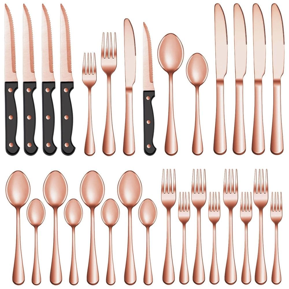 Kit de Talheres Rose Gold com 24 Peças, com Facas de Jantar para Churrasco, para 4 Pessoas - Aço Inox Premium - Design Elegante,MUTNITT
