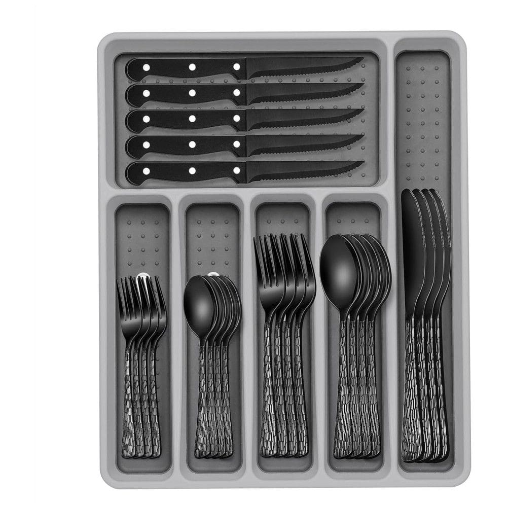 Kit de Talheres Preto de 49 Peças em Aço Inox, Organizador com Estampa de Árvores, Serve 8 Pessoas, Facas de Jantar Inclusas.,EWFEN.