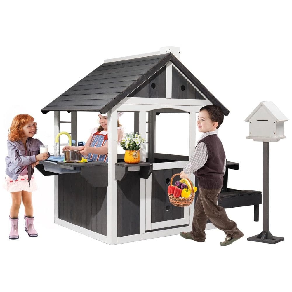 Casinha de Madeira JOYMOR para Crianças ao Ar Livre com Pia, Mesa de Piquenique, Caixa de Correio e Suporte para Vasos de Flores -