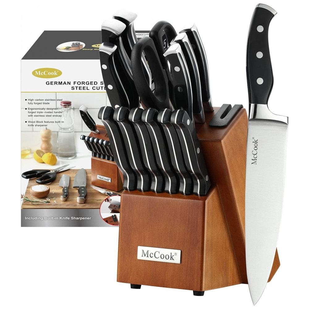 Conjunto de Facas McCook MC23A em Aço Inoxidável com Bloco de Bancada e Afiador Embutido, 15 Peças, Preto.