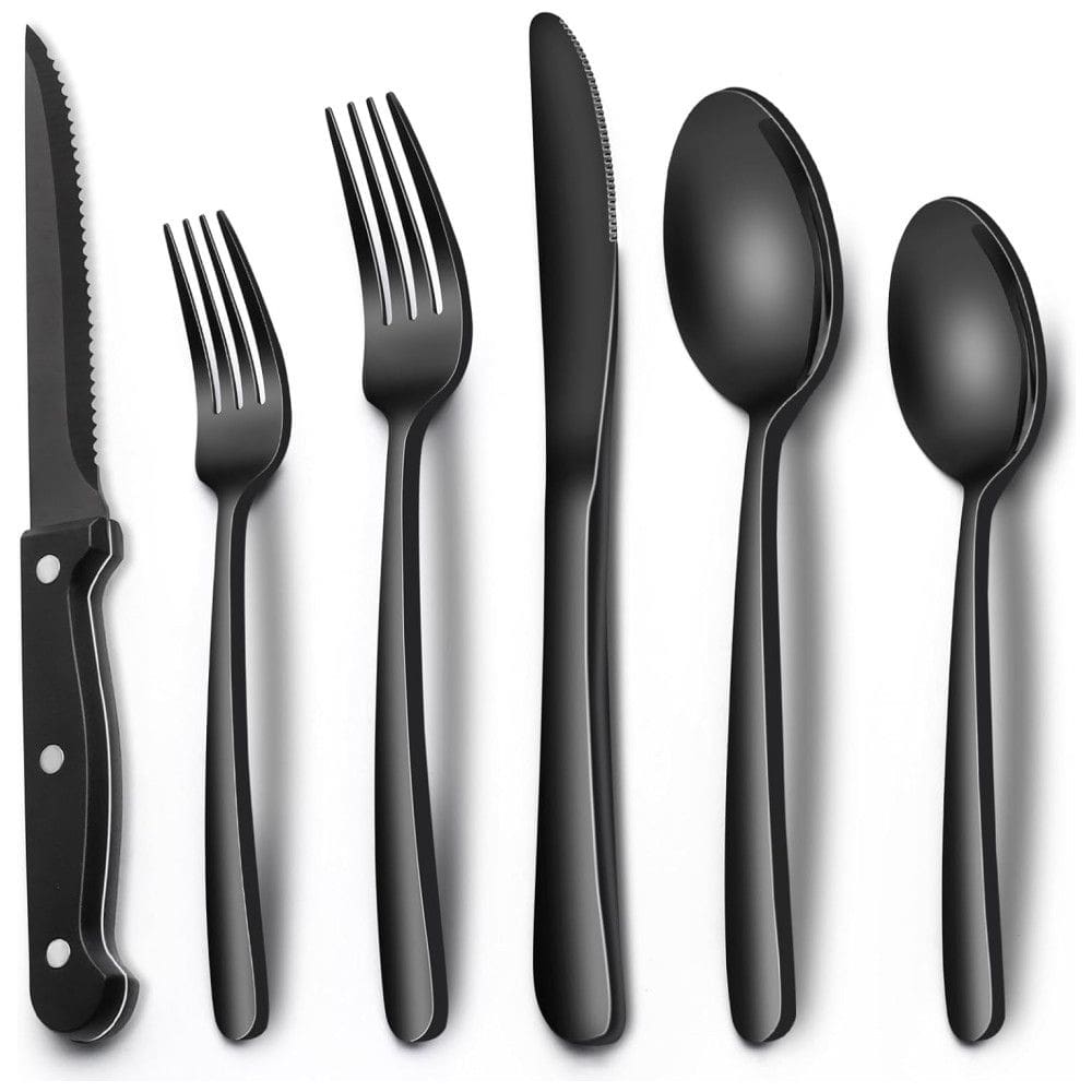 Conjunto de Talheres Premium em Preto, 24 Peças em Aço Inox, Facas de Churrasco, Para 4 Pessoas, Talheres de Mesa de Alta Qualidade,EWFEN