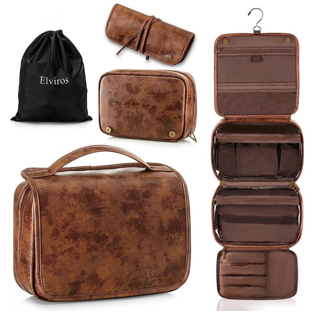Necessaire Masculina de Couro, 3 em 1, ELVIROS, Marrom Escuro