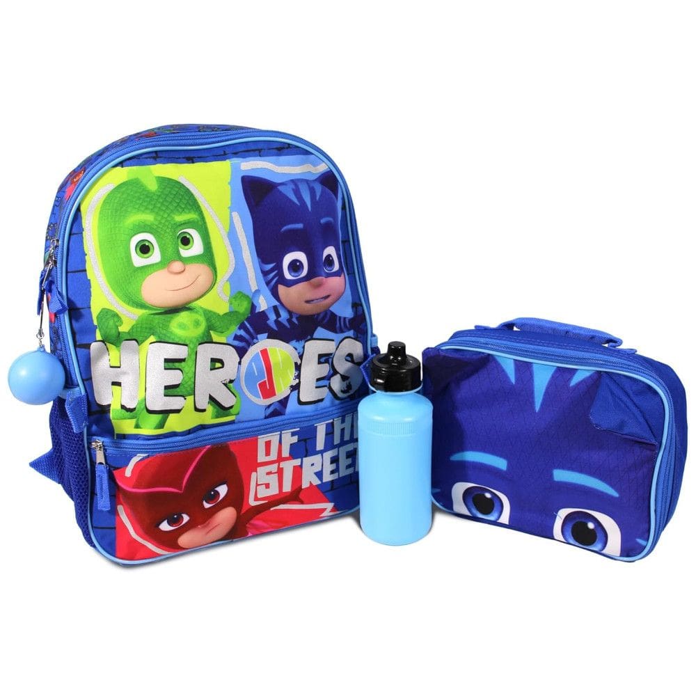 Mochila Escolar Infantil 3D 40cm PJ Masks Catboy, Gekko e Owlette 4 Peças com Lancheira para Crianças, Azul