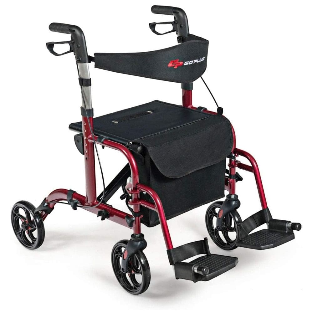 Andador Adulto Idoso GOPLUS com Encosto, Suporta até 136 Quilos, Vermelho