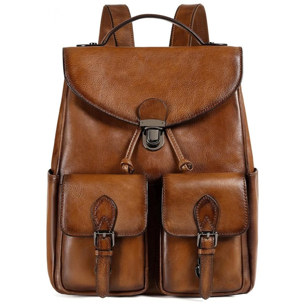 Mochila Feminina para Laptop de Couro, COOLCY, Marrom