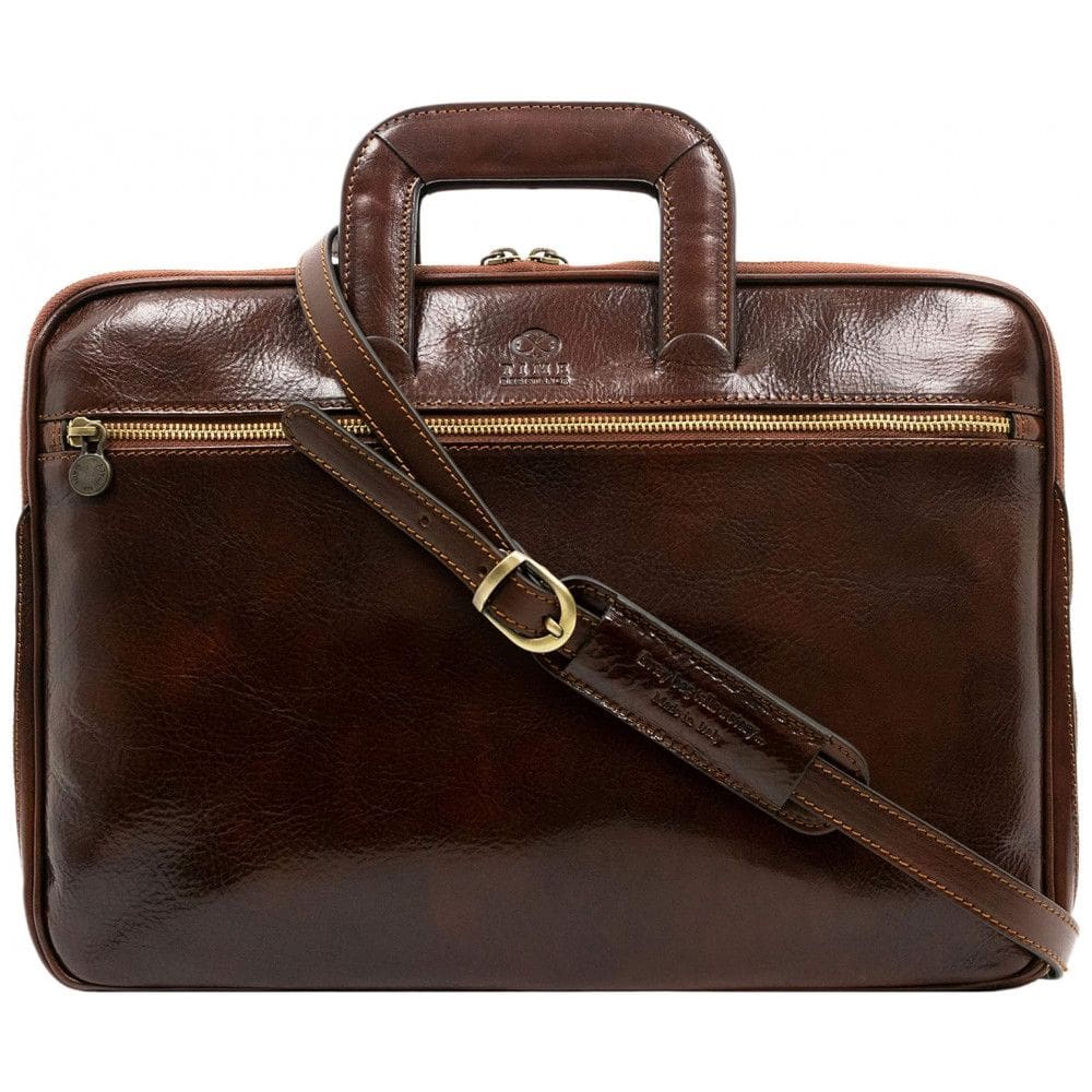 Bolsa Maleta de Couro Masculina para Laptop, TIME RESISTANCE, Marrom Escuro