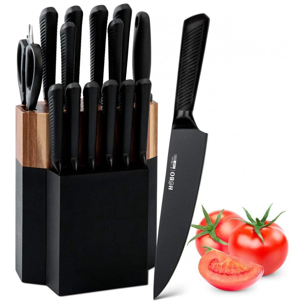 Conjunto de Facas Vvwgkpk em Aço Inoxidável com Bloco de Bancada Multinível, 15 Peças, Preta