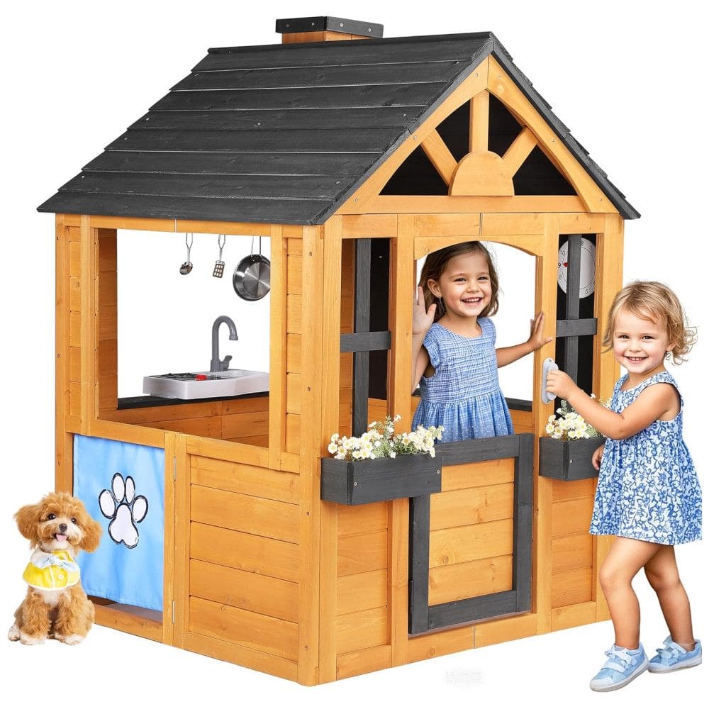 Casa de Brincar para Crianças ao Ar Livre - Feita de Cedro com Cozinha, Porta para Pets, Pia, Fogão e Janelas - Ideal para Diversão