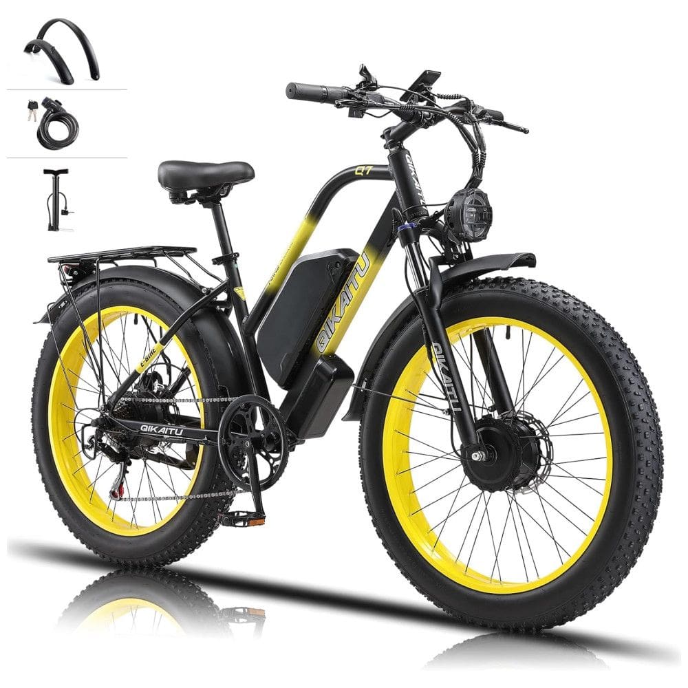 E-bike QIKAITU Q7 com Motor Duplo 2000W, Bateria 48V 23Ah UL2849, Suspensão Hidráulica e Autonomia de 96 km, Preta e Amarela