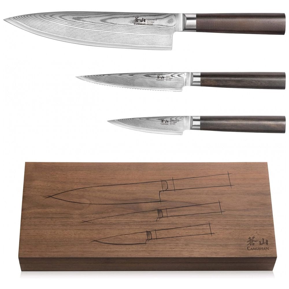 Conjunto de Facas Cangshan HAKU 501172 em Aço Damasco Forjado X 7 com Caixa de Nogueira, 3 Peças, Marrom