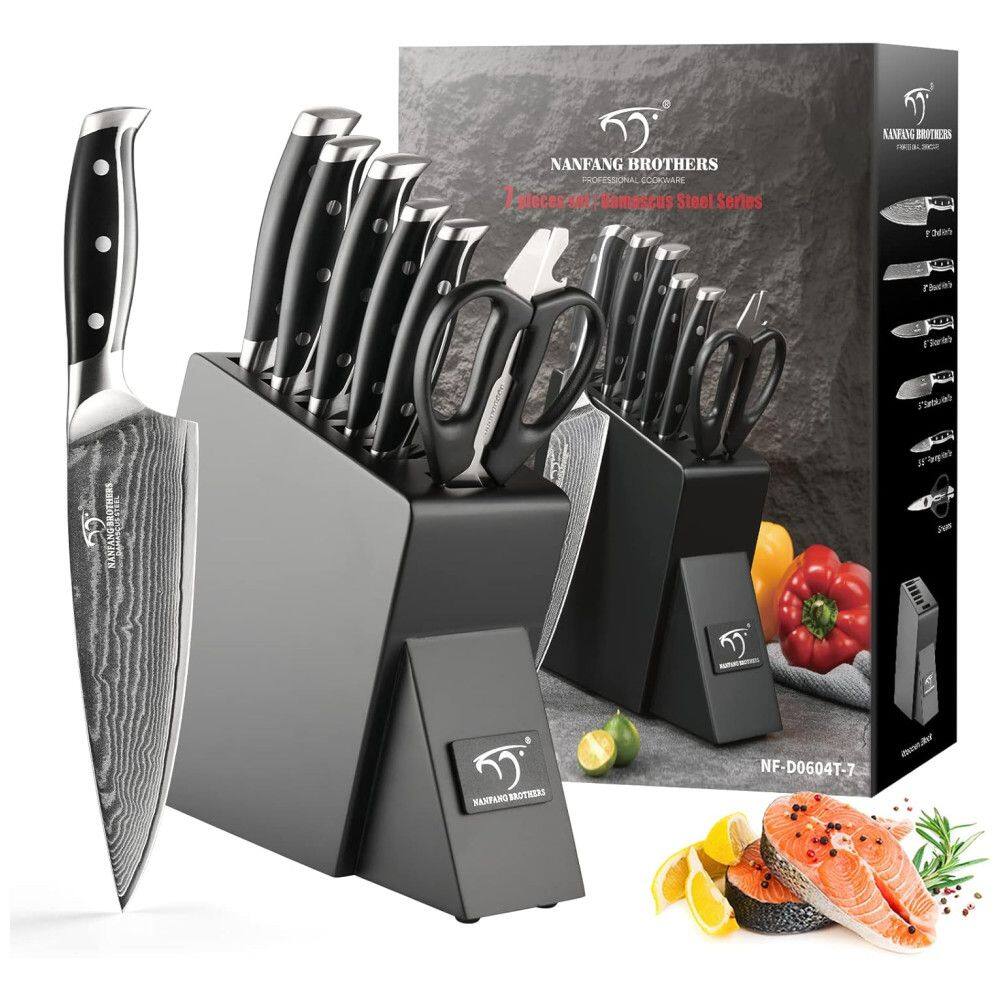 Conjunto de Facas NANFANG BROTHERS em Aço Damasco com Bloco de Bancada Multinível e Cabo Ergonômico, 7 Peças, Preta