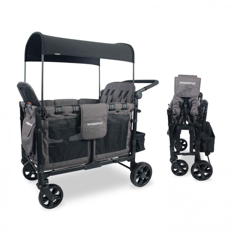 Carrinho de Passeio para 4 Crianças Multifuncional com Cobertura Removível e Dobramento, até 136 kg, WONDERFOLD W4, Cinza e Preto