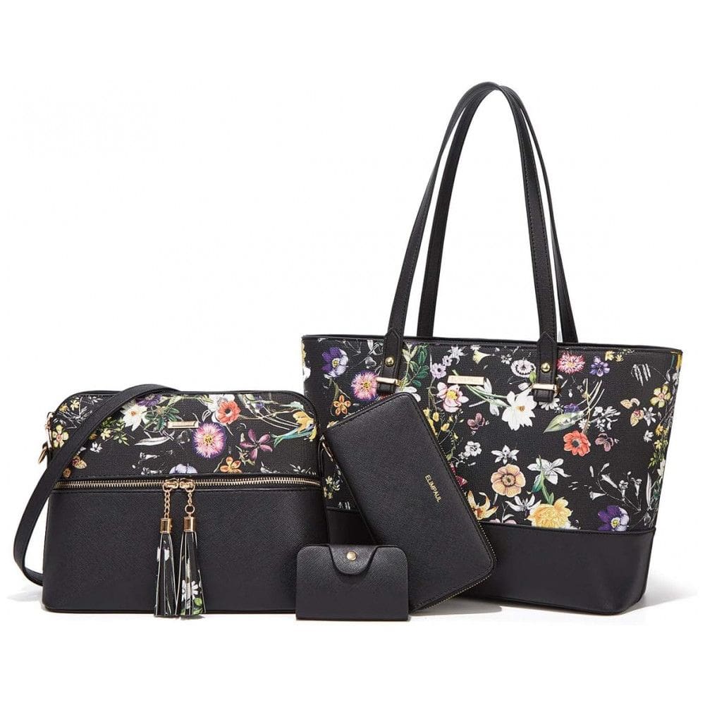 Conjunto de Bolsas Femininas em Couro Sintético 4 Peças com Carteira, Lovematch, Preto Florido