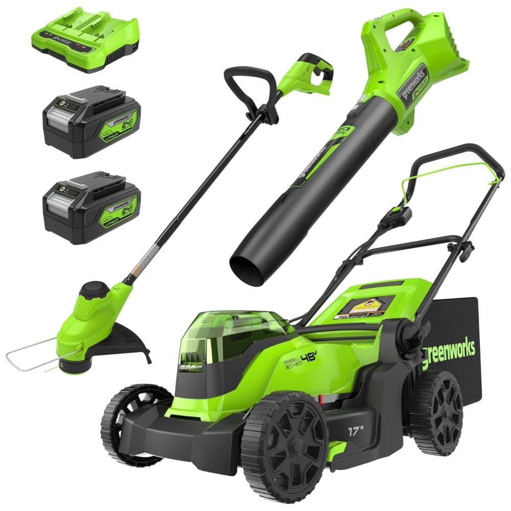 Kit Combo Greenworks 48V: Cortador de Grama de 17 polegadas, Aparador de Grama de 12 polegadas e Soprador de 320CFM, com 2 Baterias de 4.