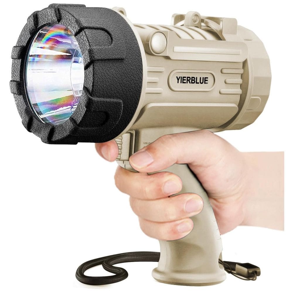 Holofote Recarregável YIERBLUE com 1500 Lúmens de LED, Resistente à Água IP67, Luz de Busca de Longo Alcance, Lanterna Resistente a Impactos