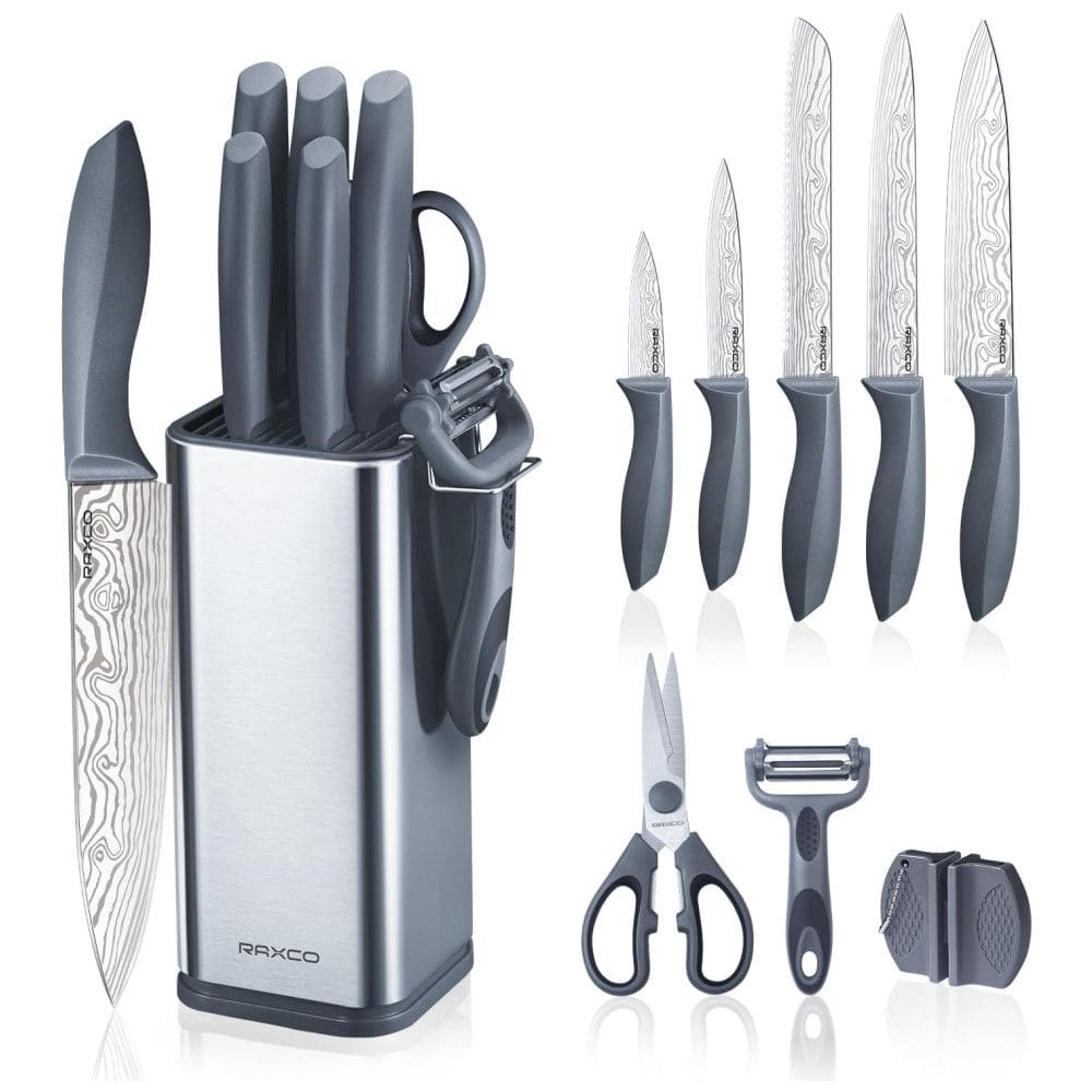 Conjunto de Facas em Aço Inoxidável com Bloco de Bancada, 10 Peças, RAXCO, Preto
