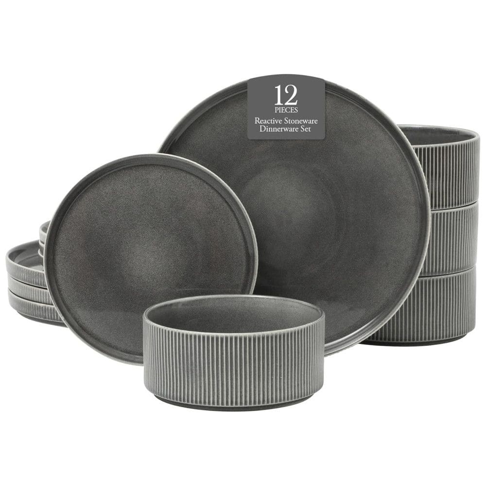 Conjunto de Jantar Gibson Elite Solana Coast 12 Peças em Cerâmica Reativa para 4 Pessoas - Design Moderno com Acabamento em Preto Brilhante