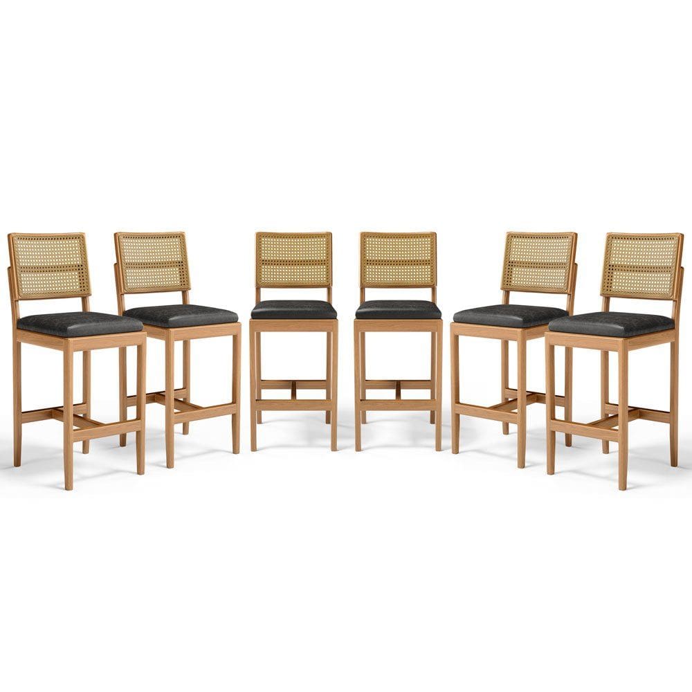 Kit Com 6 Banqueta Milena Madeira Maciça Assento Estofado Encosto De Tela Palha Sextavada