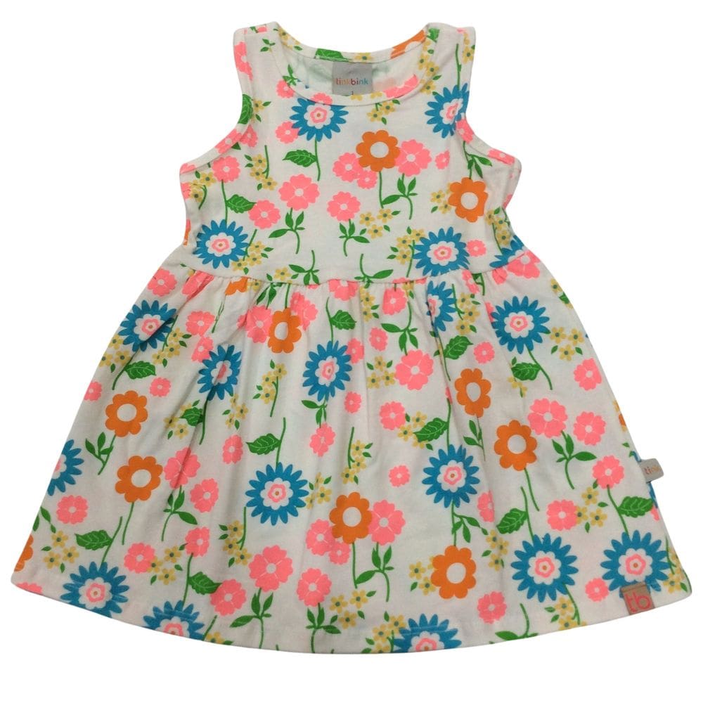 Vestido infantil Tink Bink Rosa xadrez e Off com flores