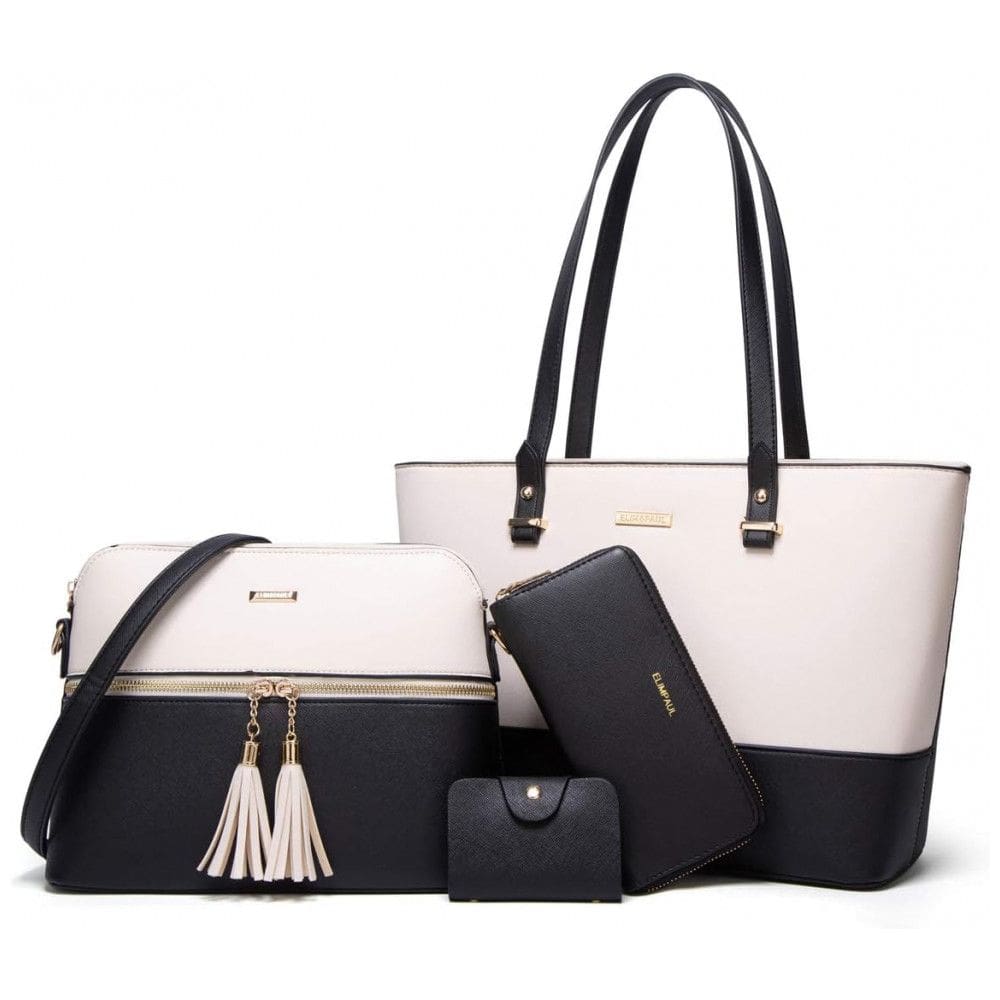 Conjunto de Bolsas Femininas em Couro Sintético 4 Peças com Carteira, Lovematch, Preto e Bege
