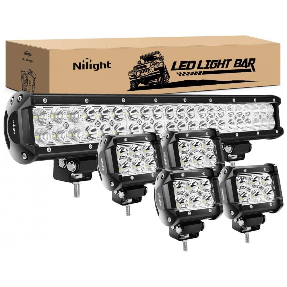 Barra LED e Faróis de Milha LED Off Road com 48800 Lúmens e Luz Branca IP68 12V 24V, 126W, 5Un, Nilight ZH003, Preto